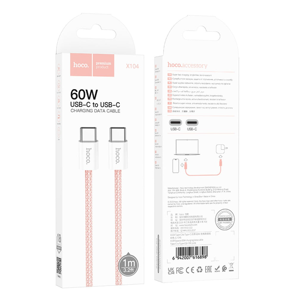 Hoco X104 USB-C to USB-C Charging and Data Cable 60W (1m) Pink