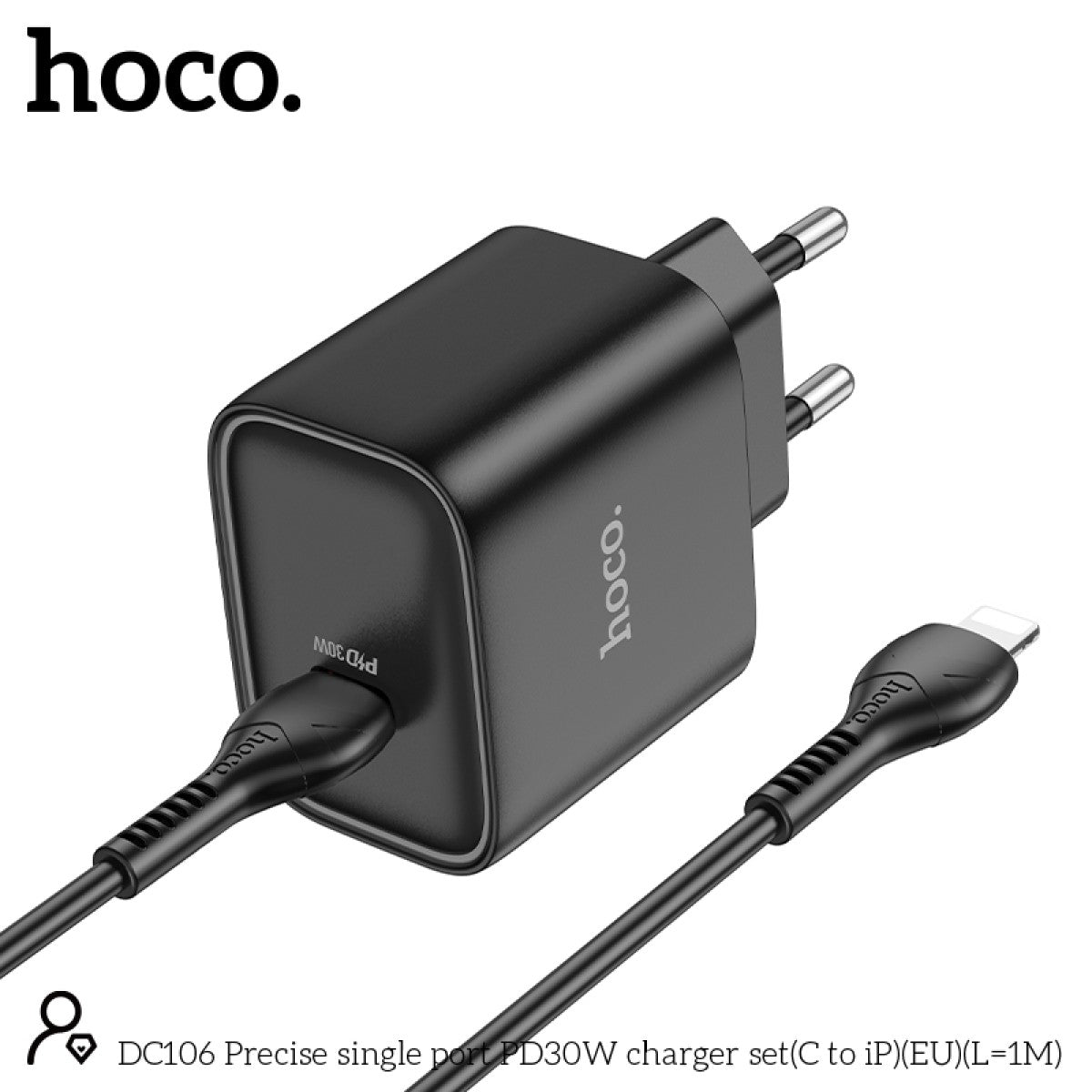 Hoco DC106 PD30W Fast Charger Set USB-C to Lightning - 1 Meter (EU Plug) Black