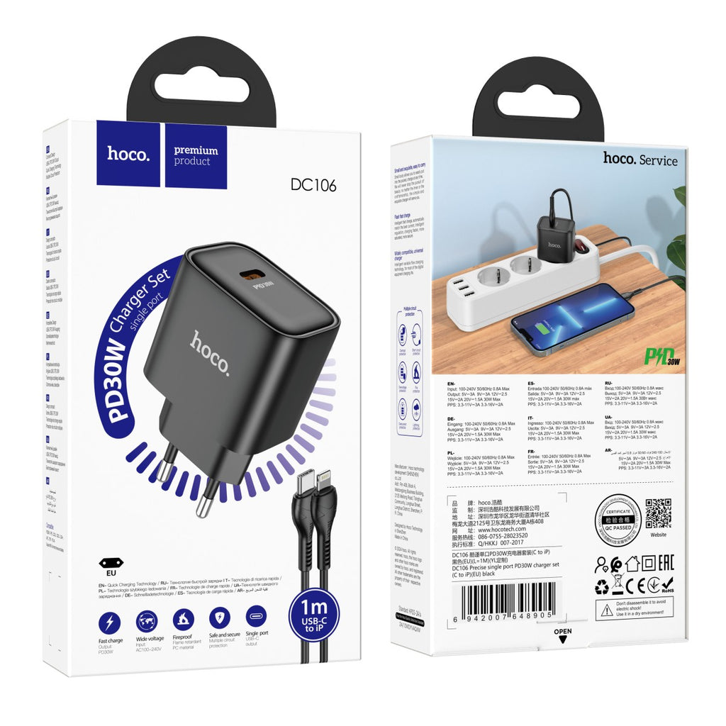 Hoco DC106 PD30W Fast Charger Set USB-C to Lightning - 1 Meter (EU Plug) Black
