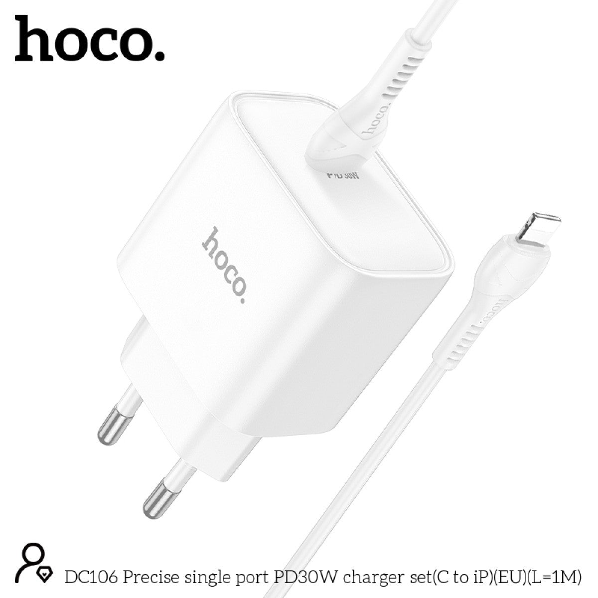 Hoco DC106 PD30W Fast Charger Set USB-C to Lightning - 1 Meter (EU Plug) White