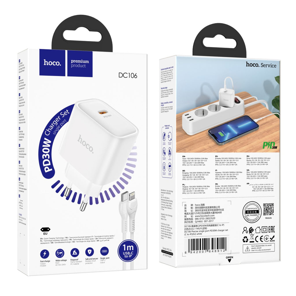 Hoco DC106 PD30W Fast Charger Set USB-C to Lightning - 1 Meter (EU Plug) White