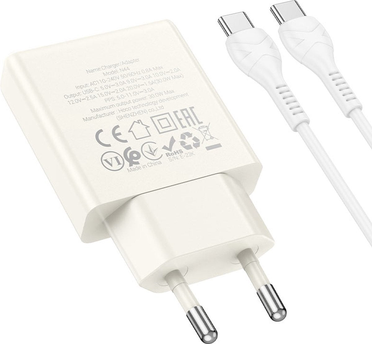 Hoco N44 PD30W Fast Charger – USB-C Charger – Compact Design (EU Plug) White