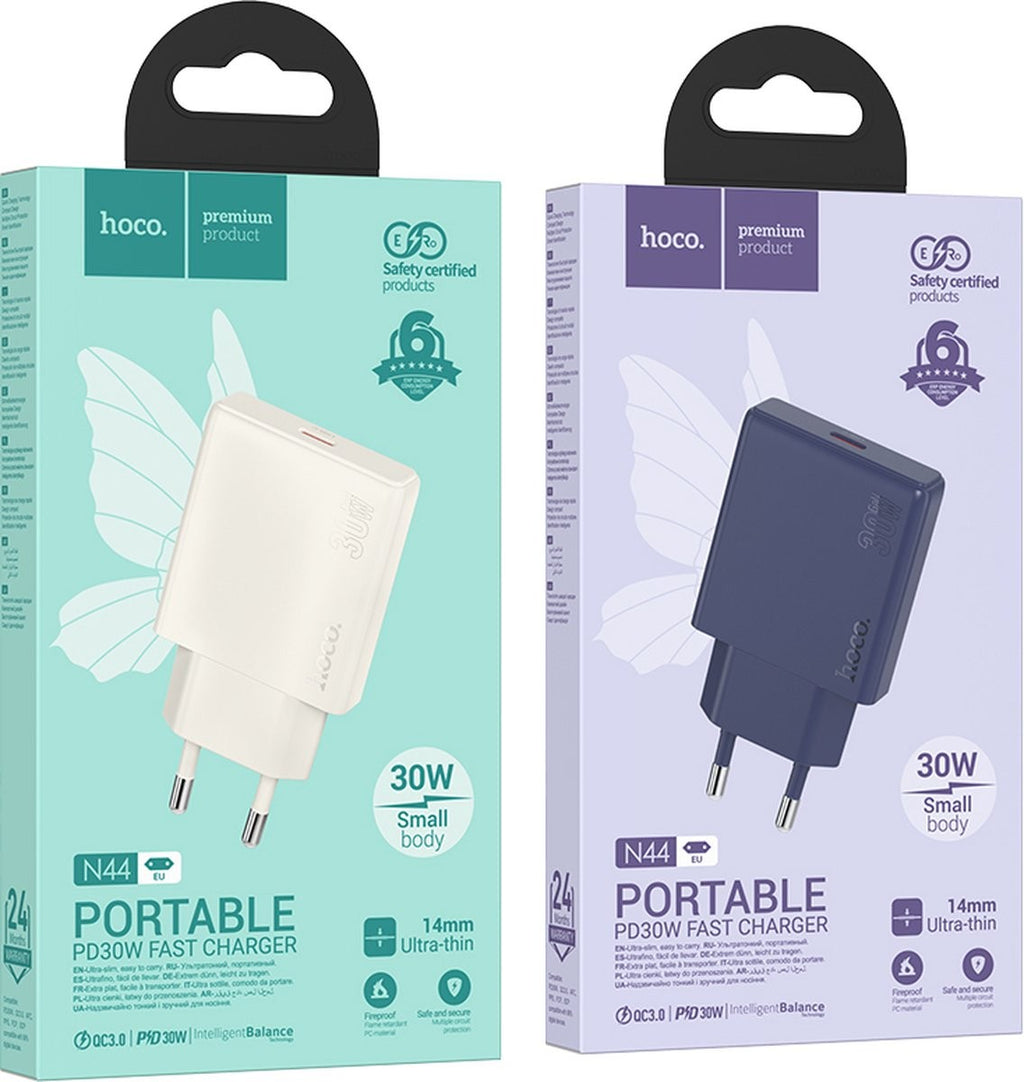 Hoco N44 PD30W Fast Charger – USB-C Charger – Compact Design (EU Plug) White