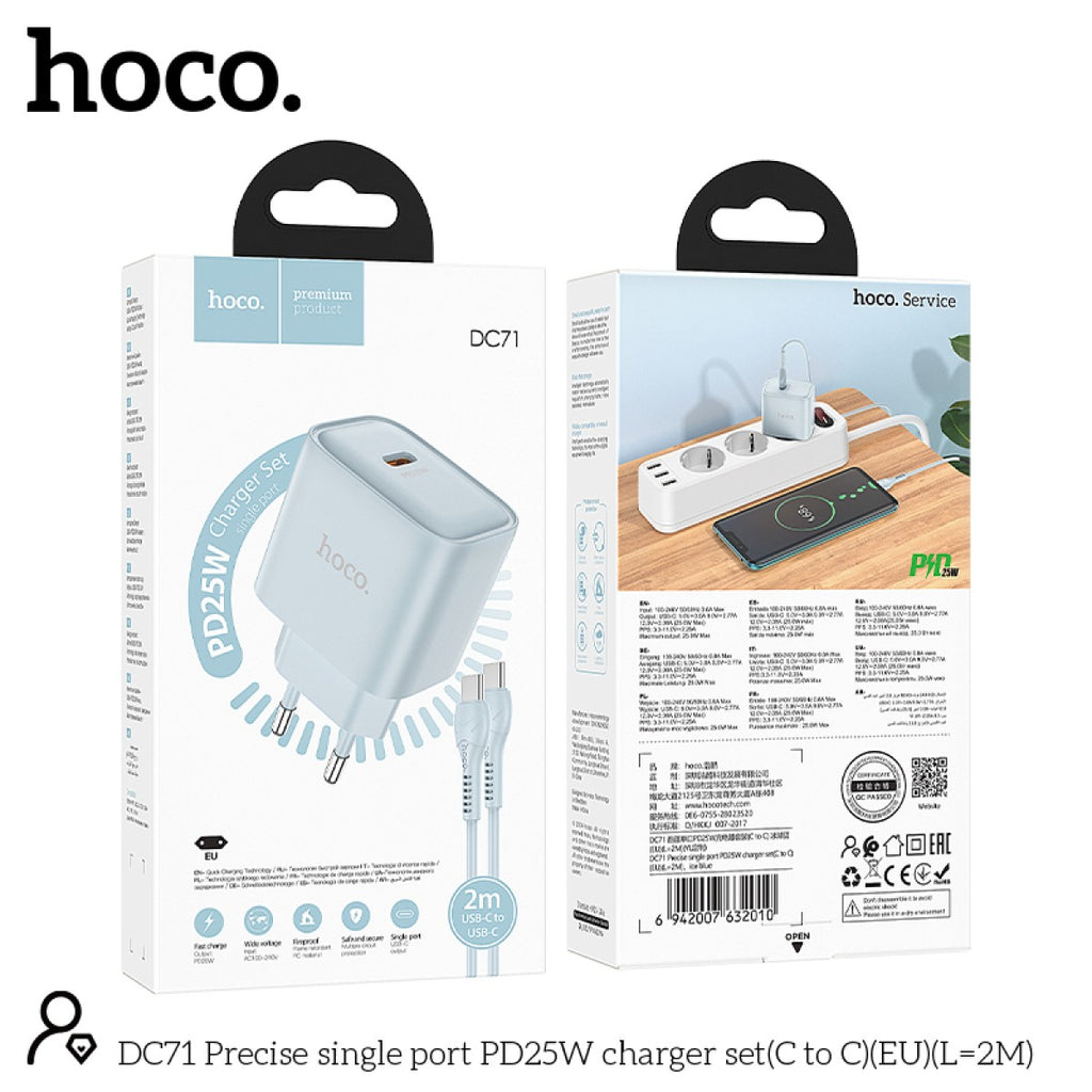 Hoco DC71 PD25W Fast Charger Set – USB-C to USB-C Cable (2 Meters) – EU Plug Baby Blue